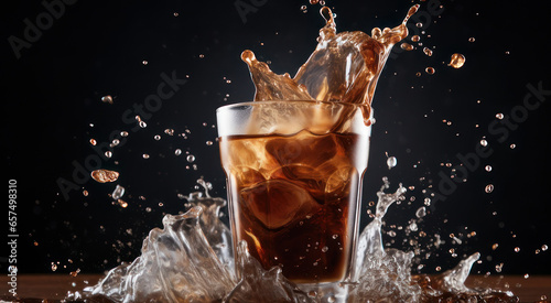 Cola splash,ice cube, glass of cola splash isolated on black background,cola glass, fresh drinking