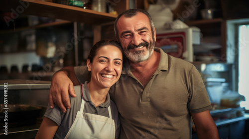 The owner couple of a small pizza business smiled happily