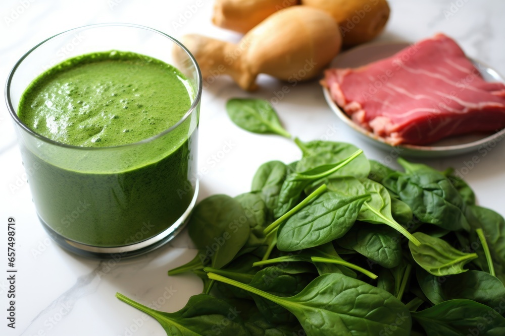 green smoothie next to a blender and a bowl of spinach green smoothie next to a blender and a bowl of spinach