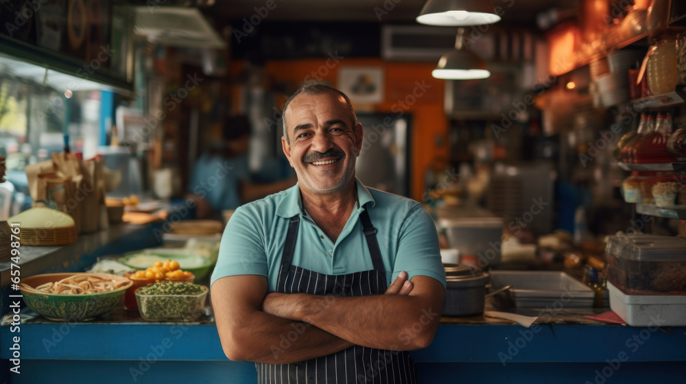 The small restaurant business owner smiled happily