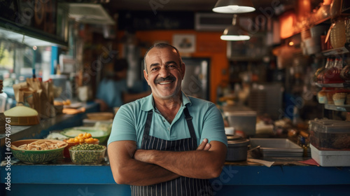 The small restaurant business owner smiled happily