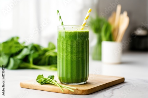 green smoothie with a stripey straw on a kitchen countertop