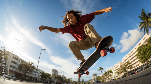 Young man skateboarding in Hawaii city
