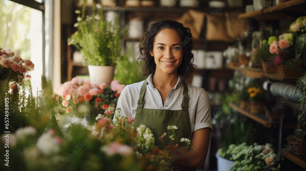 Flower shop woman business owner smile at shop