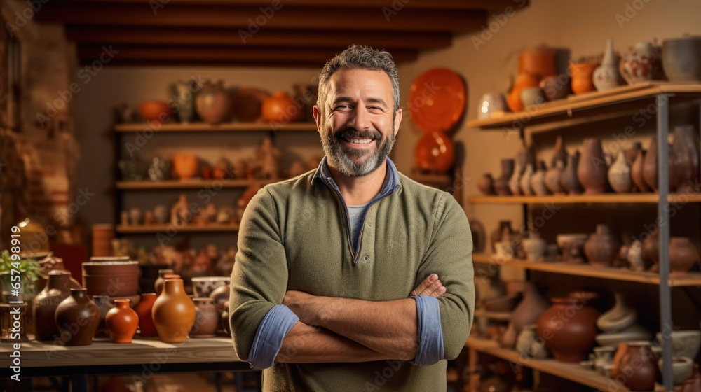 Business owner of a pottery shop smile - obrazy, fototapety, plakaty 