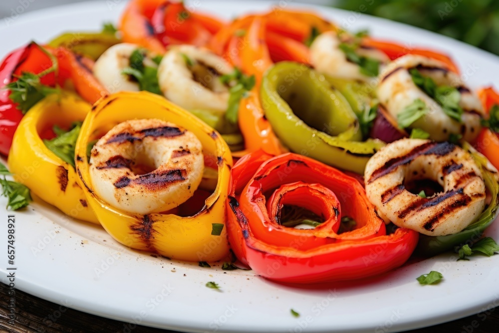 off-center shot of grilled calamari rings with bell peppers off-center shot of grilled calamari rings with bell peppers
