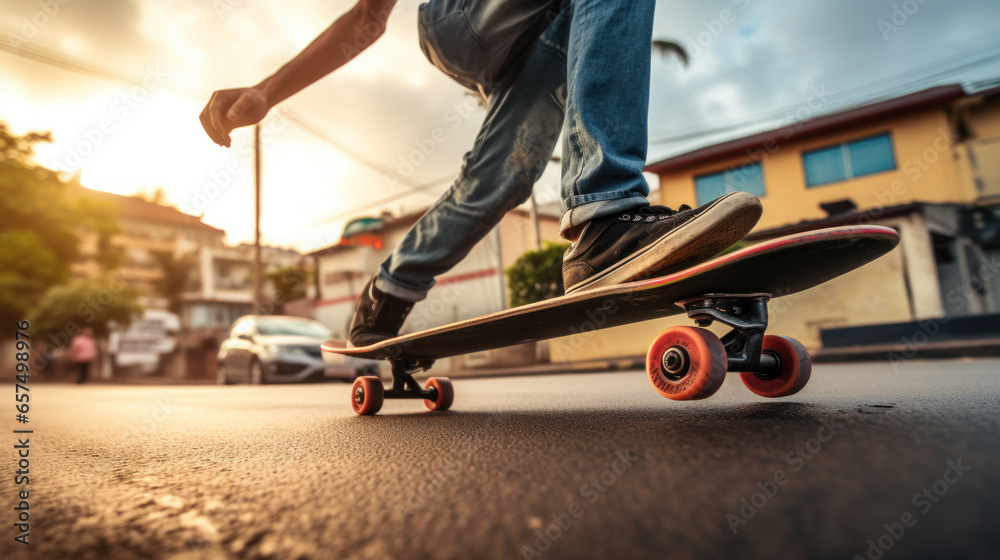 Close-up Young man skateboarding in Hawaii city Close-up Young man skateboarding in Hawaii city