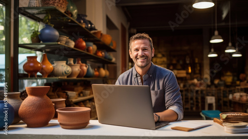Business owner of a pottery shop smile using tablet at shop photo