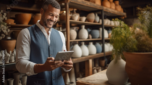 Business owner of a pottery shop smile using tablet at shop