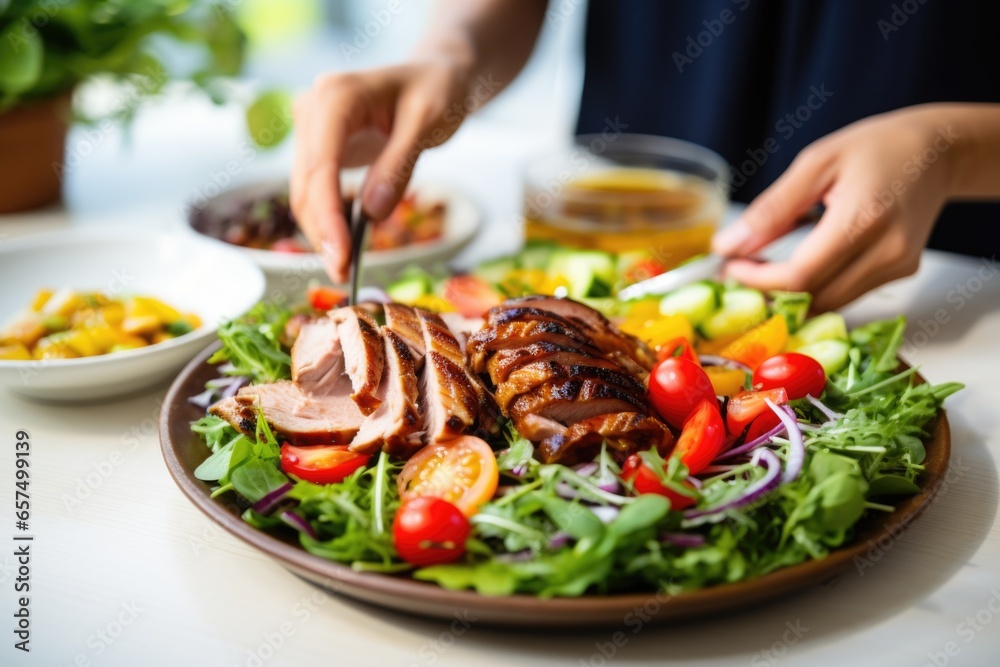 grilled duck being served onto a salad by a hand