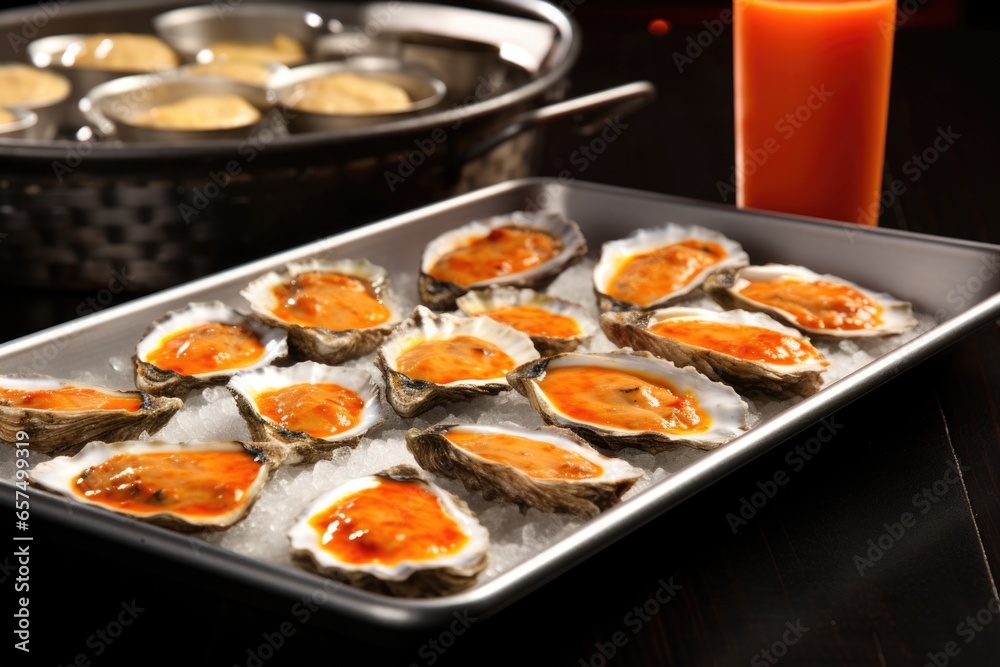 grilled oysters on a metal tray with sauce on side grilled oysters on a metal tray with sauce on side