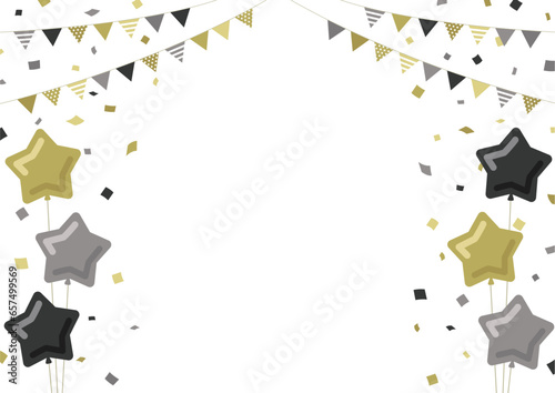 星型の風船とガーランドと紙吹雪のフレーム素材　黒金銀　ブラックフライデー　白背景