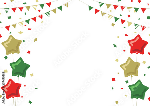 星型の風船とガーランドと紙吹雪のフレーム素材　クリスマスカラー　白背景