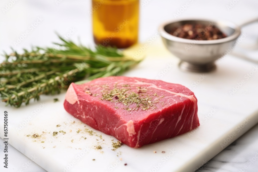 raw steak on a marble counter, herb rub in focus raw steak on a marble counter, herb rub in focus