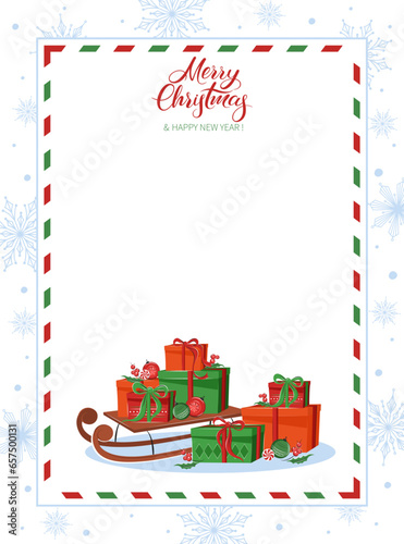 Blank greeting letter Merry Christmas and Happy New Year decorated with presents and snowflakes. Vector illustration