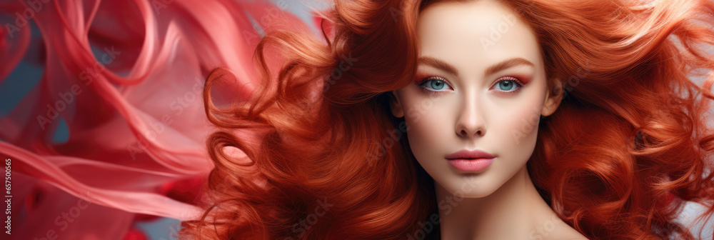 Beauty portrait of red-haired woman with gorgeous shiny wavy hair. Horizontal banner