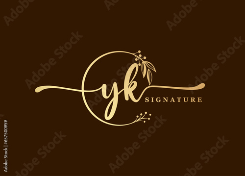 logotype gold signature initial yk logo design isolated leaf and flower