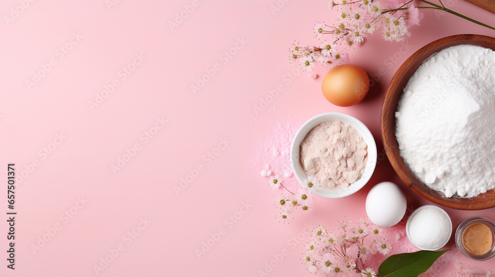 Frame of food ingredients for baking on a gently pink pastel background. Cooking, flat lay with copy space. Top view. Baking concept. Frame of food ingredients for baking on a gently pink pastel background. Cooking, flat lay with copy space. Top view. Baking concept.