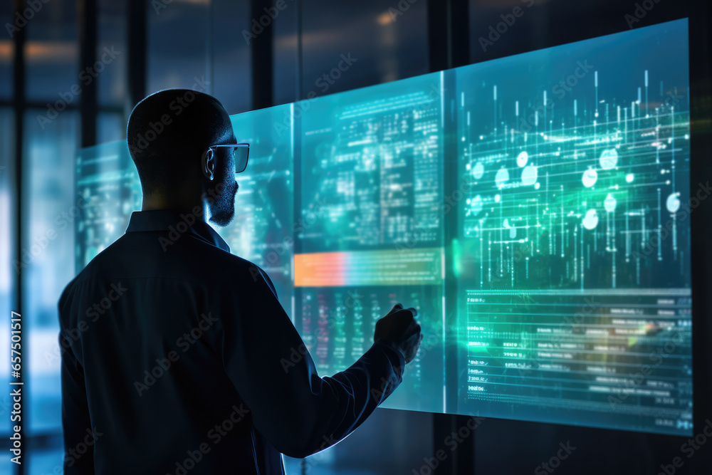 Data scientist visualizing complex data on a holographic display - Future of data analysis - AI Generated Data scientist visualizing complex data on a holographic display - Future of data analysis - AI Generated