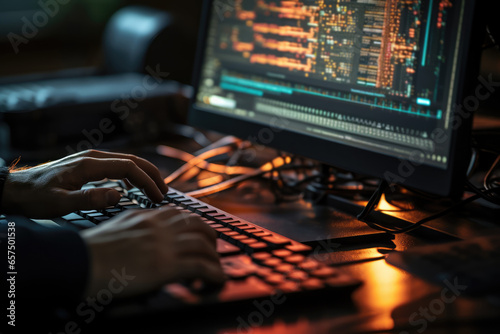 Hands on a keyboard with lines of code on the monitor - Detailed coding work Closeup - AI Generated
