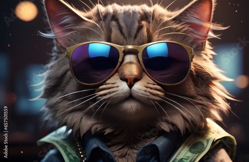 Cool rich successful hipster cat with sunglasses and cash money. Like a gangster