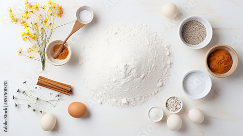Ingredients for coconut cookies or sweet pastries on a light gray culinary background. Top view photo