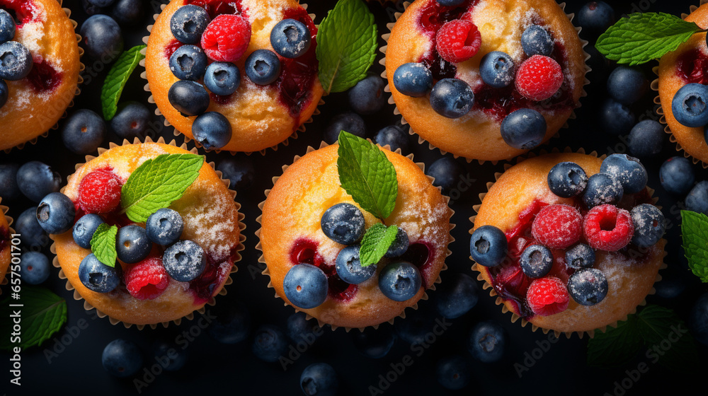 Muffins with blueberries and red currant on textile surface