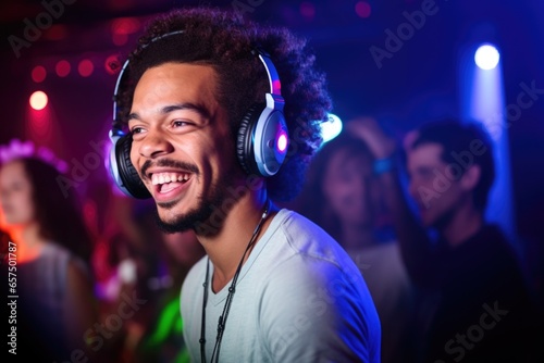 man enjoying music wearing headphones at silent disco club photo