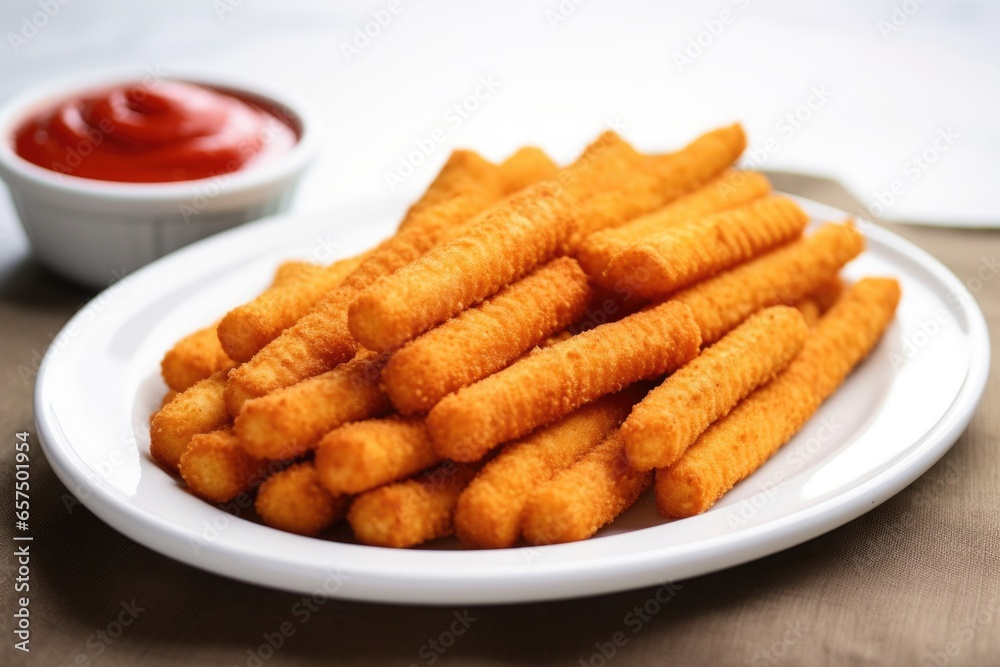 a collection of mozzarella sticks in a white dish a collection of mozzarella sticks in a white dish