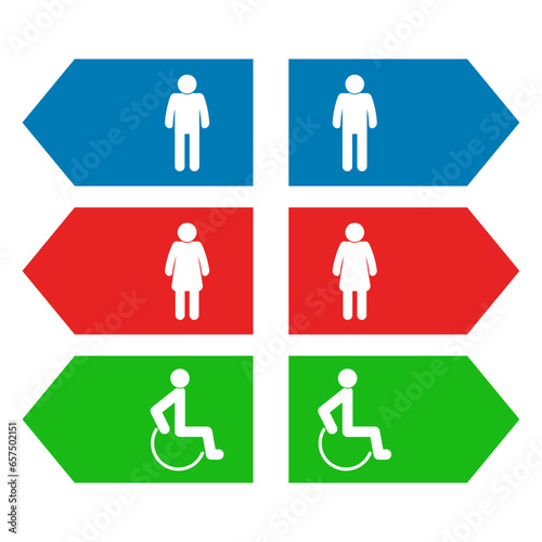 Men, women and disability restroom icon. Toilet sign left arrow amd right arrow. 