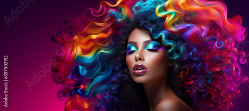 Dreamy black woman with long colorful hair extensions. Beauty hair salon banner