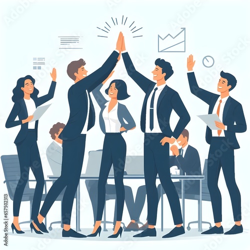 Team of business people celebrate success winning prize goal in work collaboration together giving high five with joy. Flat vector illustration design