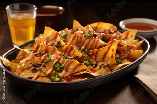 nachos drizzled with hot sauce on a ceramic dish