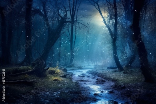 Enchanting natural scene of a forest illuminated by moonlight. Generative AI
