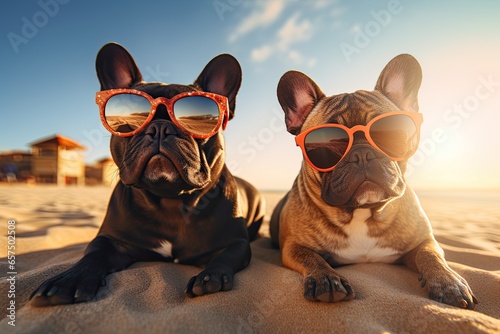 french bull dogs wearing sunglasses while sitting on the beach