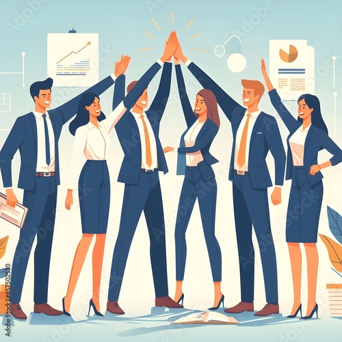 Team of business people celebrate success winning prize goal in work collaboration together giving high five with joy. Flat vector illustration design