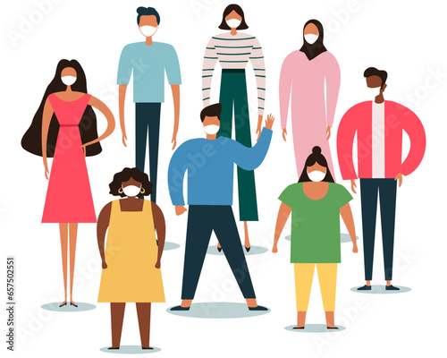 Group of people wearing medical masks to prevent disease, flu, air pollution, contaminated air, world pollution. Vector illustration in a flat style