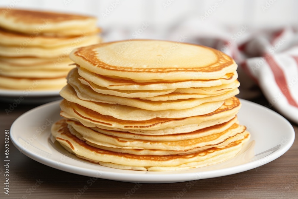 stacks of plain pancakes on a plain white plate stacks of plain pancakes on a plain white plate