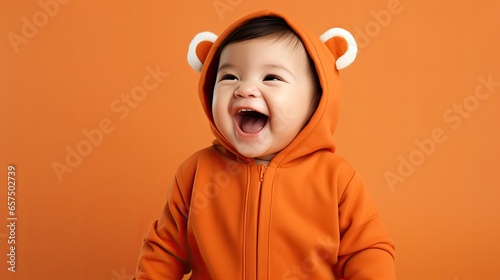 Laughing baby in a bear hoodie against orange backdrop.