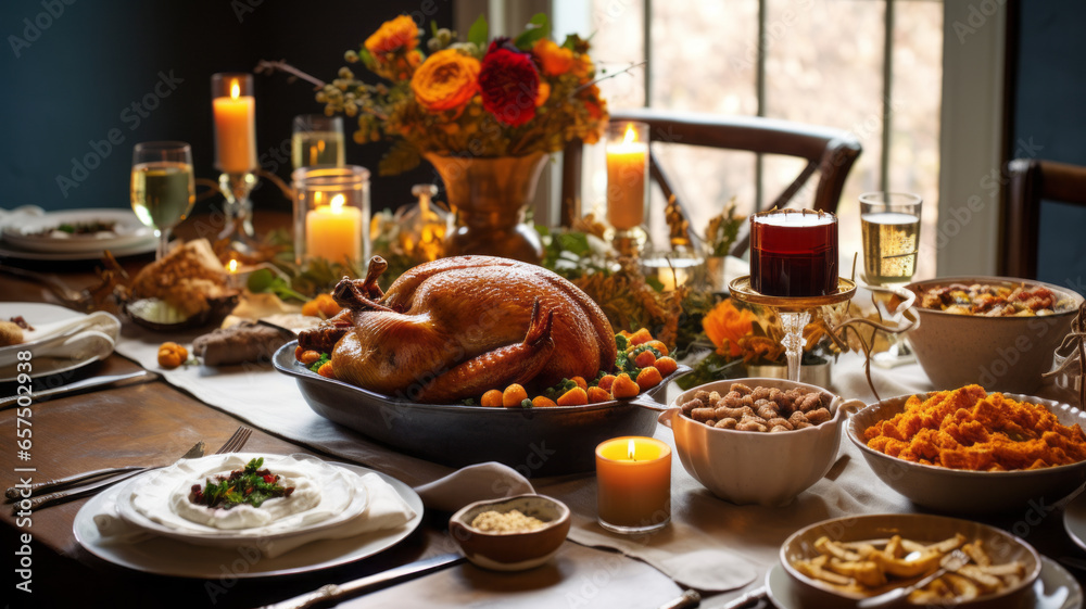 An inviting photo of a table filled with Thanksgiving dishes, including a golden turkey