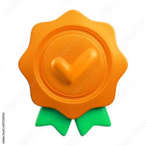 Vector cartoon 3d medal realistic icon with yes check mark and ribbon. Trendy bronze award render