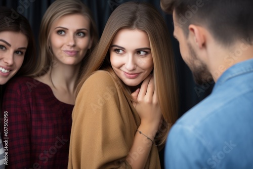 group coaxing woman to hide a secret photo