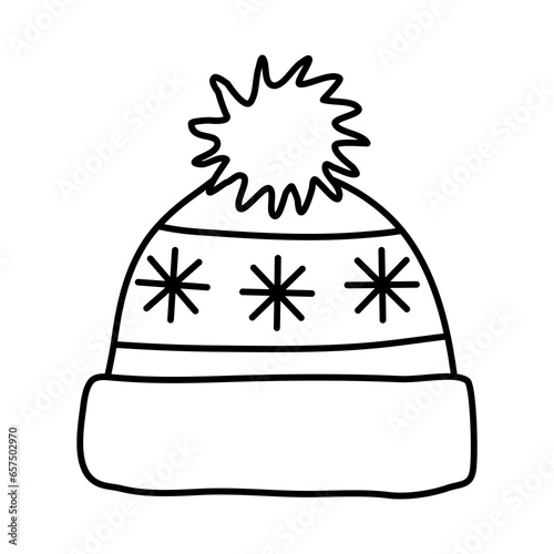 Knitted winter hat with pompom and snowflakes, doodle style flat vector outline for coloring book