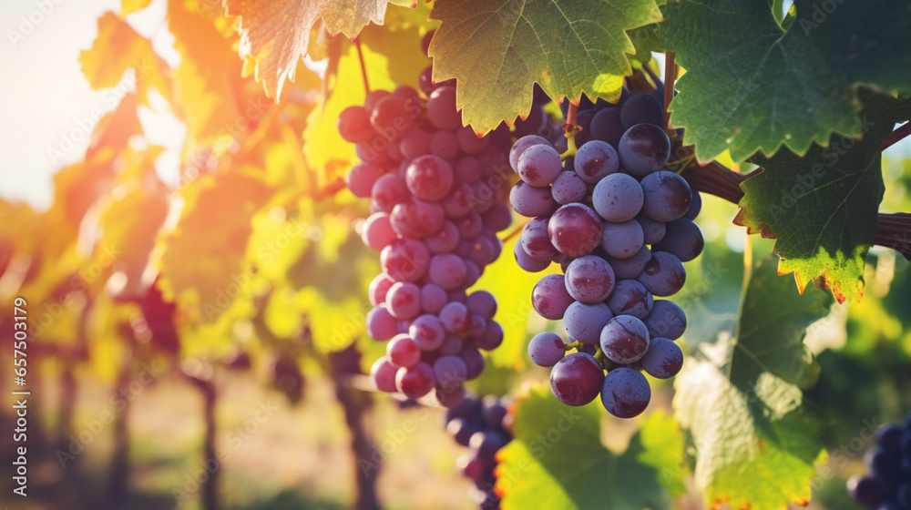 a grape clusters on a vine with sunlight on it, in the style of saturated color fields
