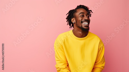 Smiling man in yellow with joyful expression on pink background.