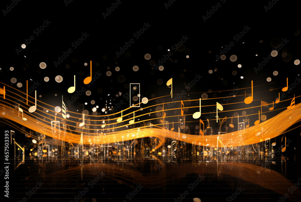 a golden music treble and music notes floating through a black background