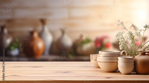 White wooden table on blurred kitchen interior background
