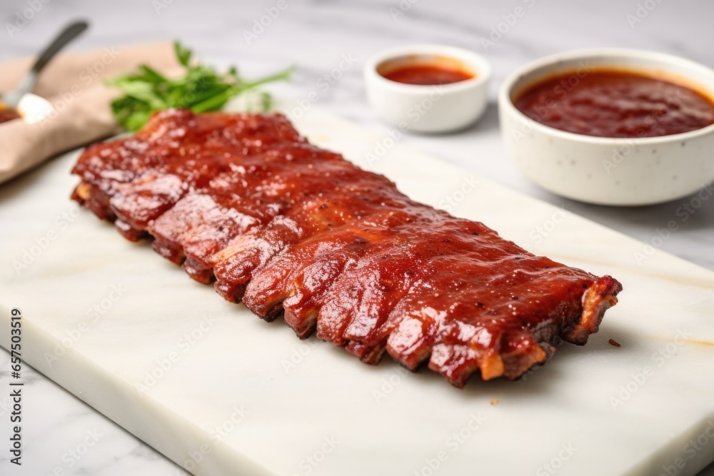 bbq ribs brushed with sauce on a marble slab