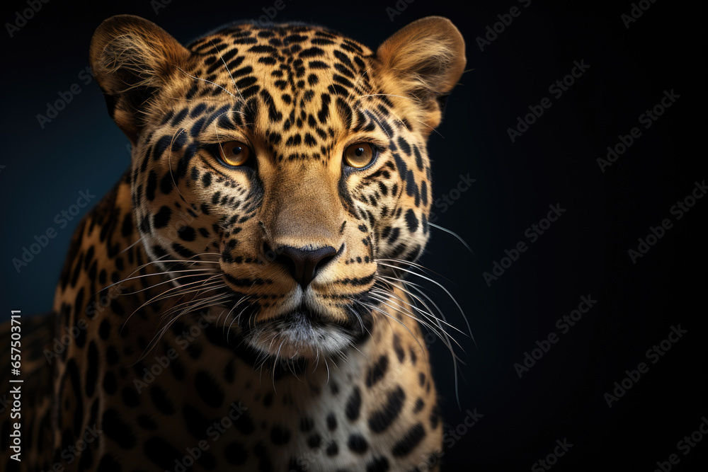 Portrait of a leopard on a dark background, predator mammal Portrait of a leopard on a dark background, predator mammal
