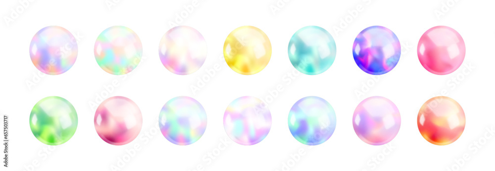 Realistic 3d holographic sphere set. Abstract Vector glossy gradient balls collection, vibrant colorful iridescent round shapes